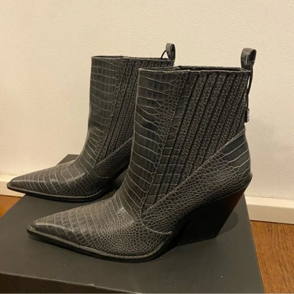 Zara Gray Faux Crocodile Print Ankle Print Women’s Boots